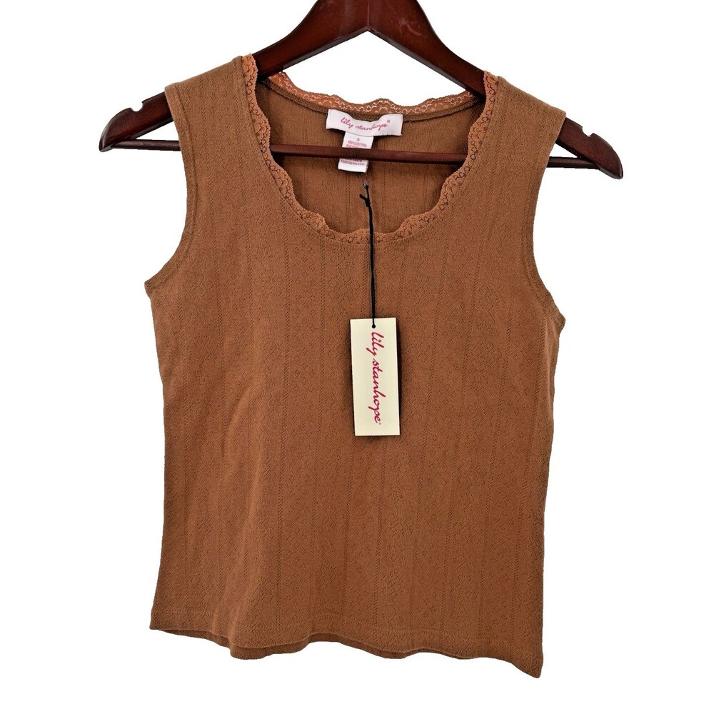 NEW W TAGS Lily Stanhope Brown Lace Trim Tank Top Blouse Easy Wear Size SMALL